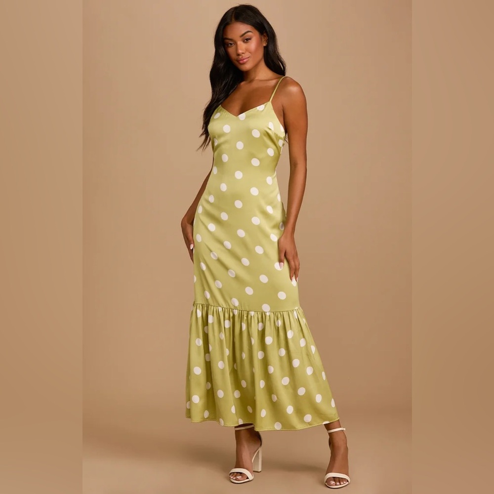Lulus Because of You Green Polka Dot Satin Tiered Maxi Dress size small